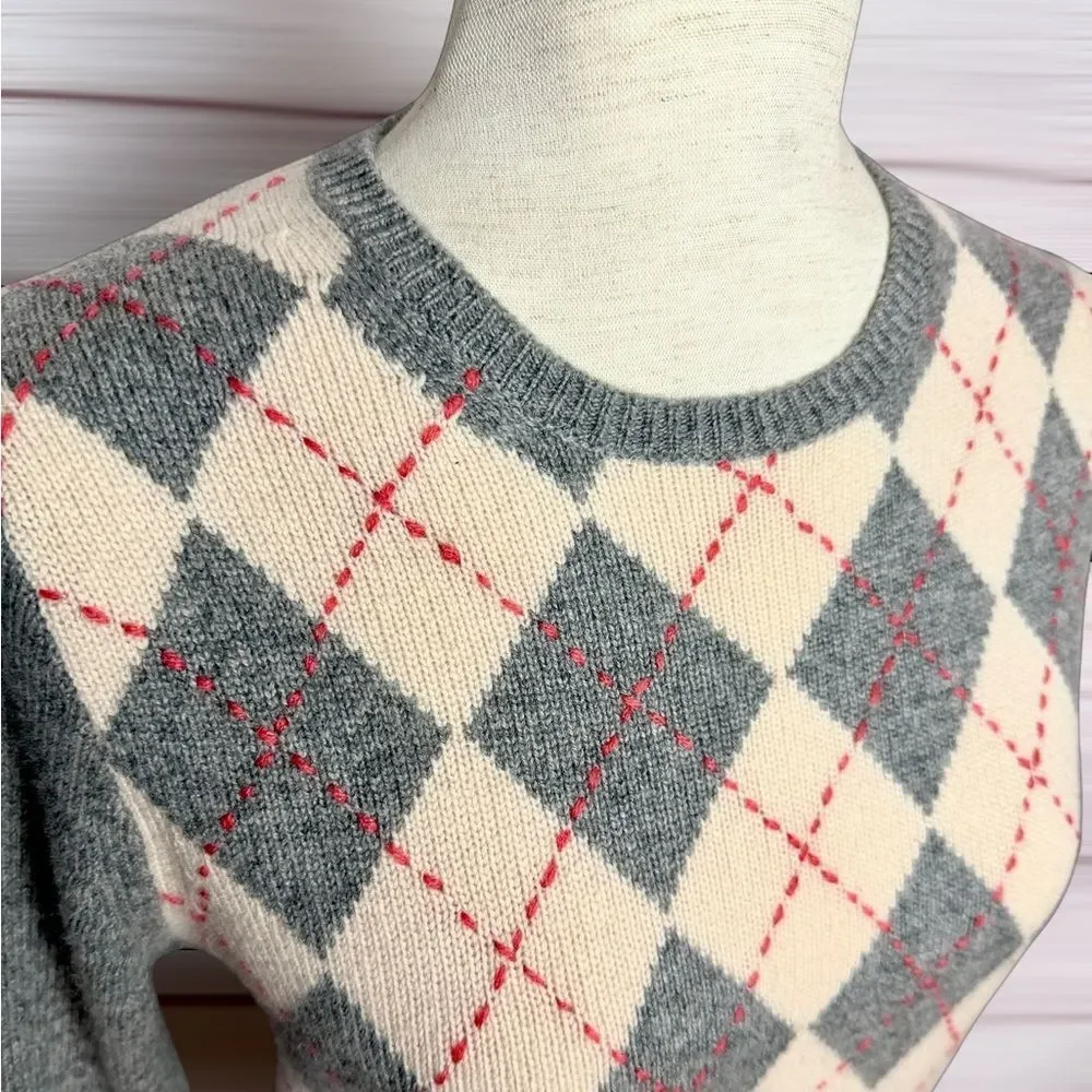J. Crew Vintage Cashmere Argyle Sweater Gray Cream Crew Neck Classic Women's M